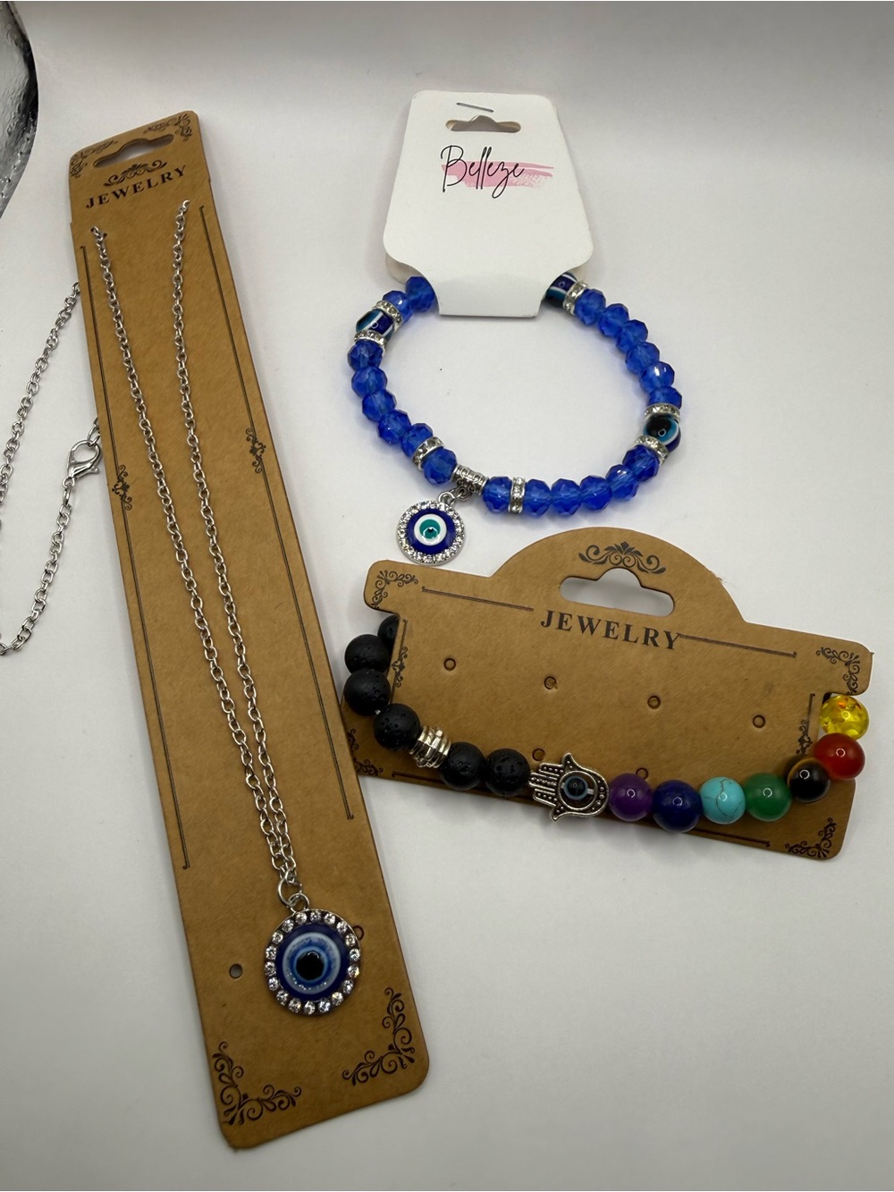 Evil Eye Silver Necklace & Multi Color/ Blue Bracelet lot of (3)